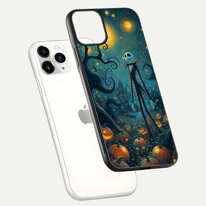 Pumpkin Moonlight Tale Glass Case for iPhone 11 Pro floating dual-view mockup showing HD gloss and eerie design