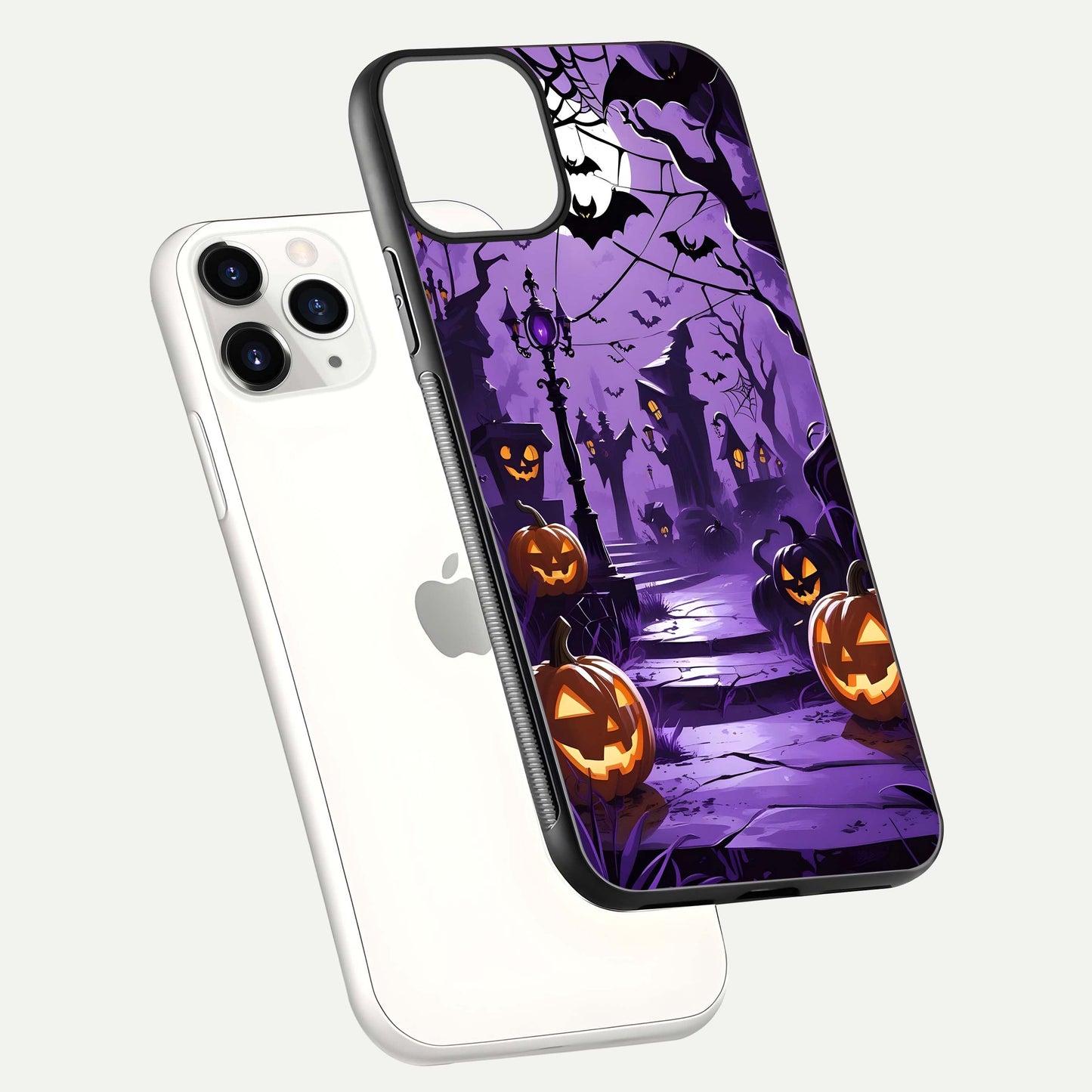 Pumpkin Patch Halloween Glass Case for iPhone 11 Pro floating dual-view mockup displaying gloss and dark tone