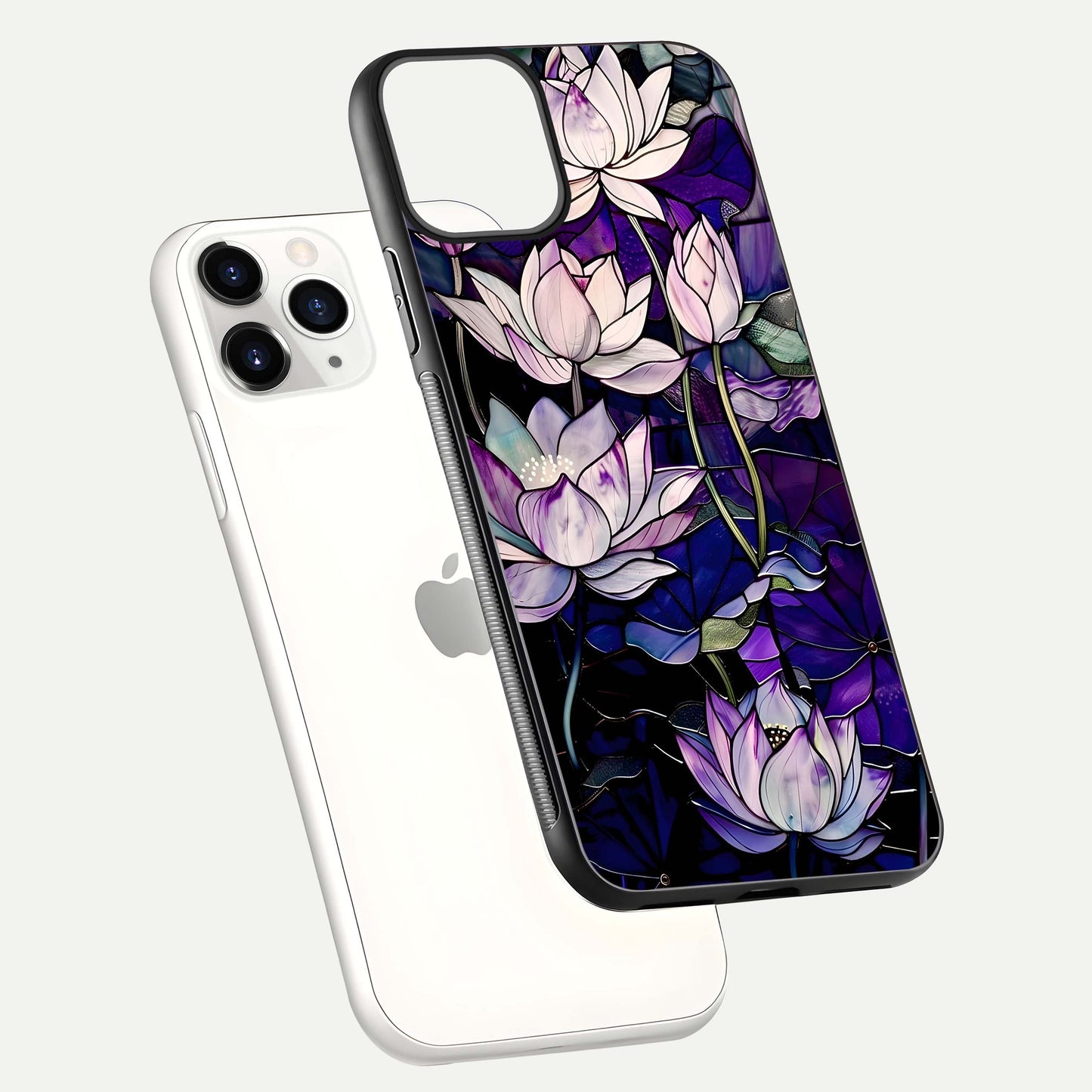 Purple Lotus Pattern Glass Case for iPhone 11 Pro floating dual-view mockup showing glass shine and vivid purple hue