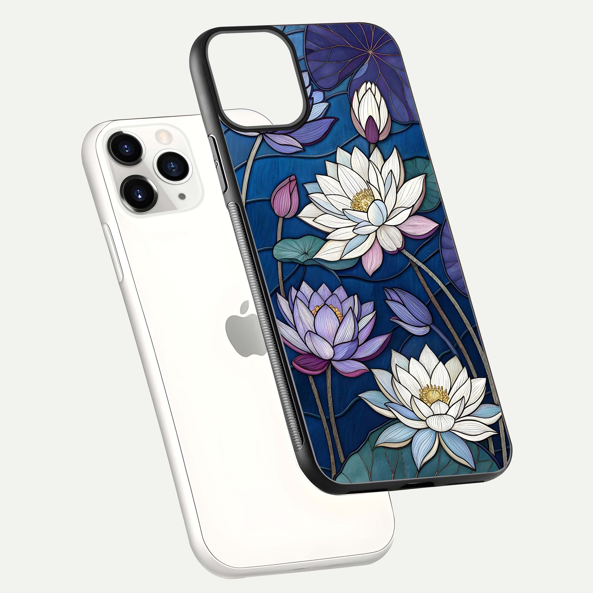 Purple Lotus Stained Glass Case for iPhone 11 Pro floating dual-view mockup displaying color depth and glass clarity