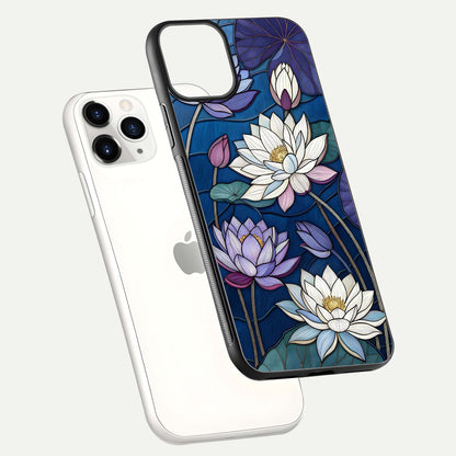 Purple Lotus Stained Glass Case for iPhone 11 Pro floating dual-view mockup displaying color depth and glass clarity
