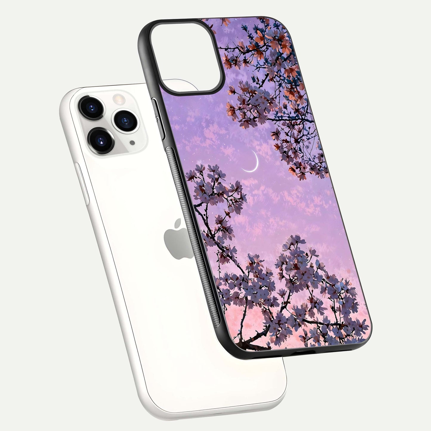 Purple Serenity Moon Glass Case for iPhone 11 Pro floating dual-view mockup showing gloss and cosmic detail