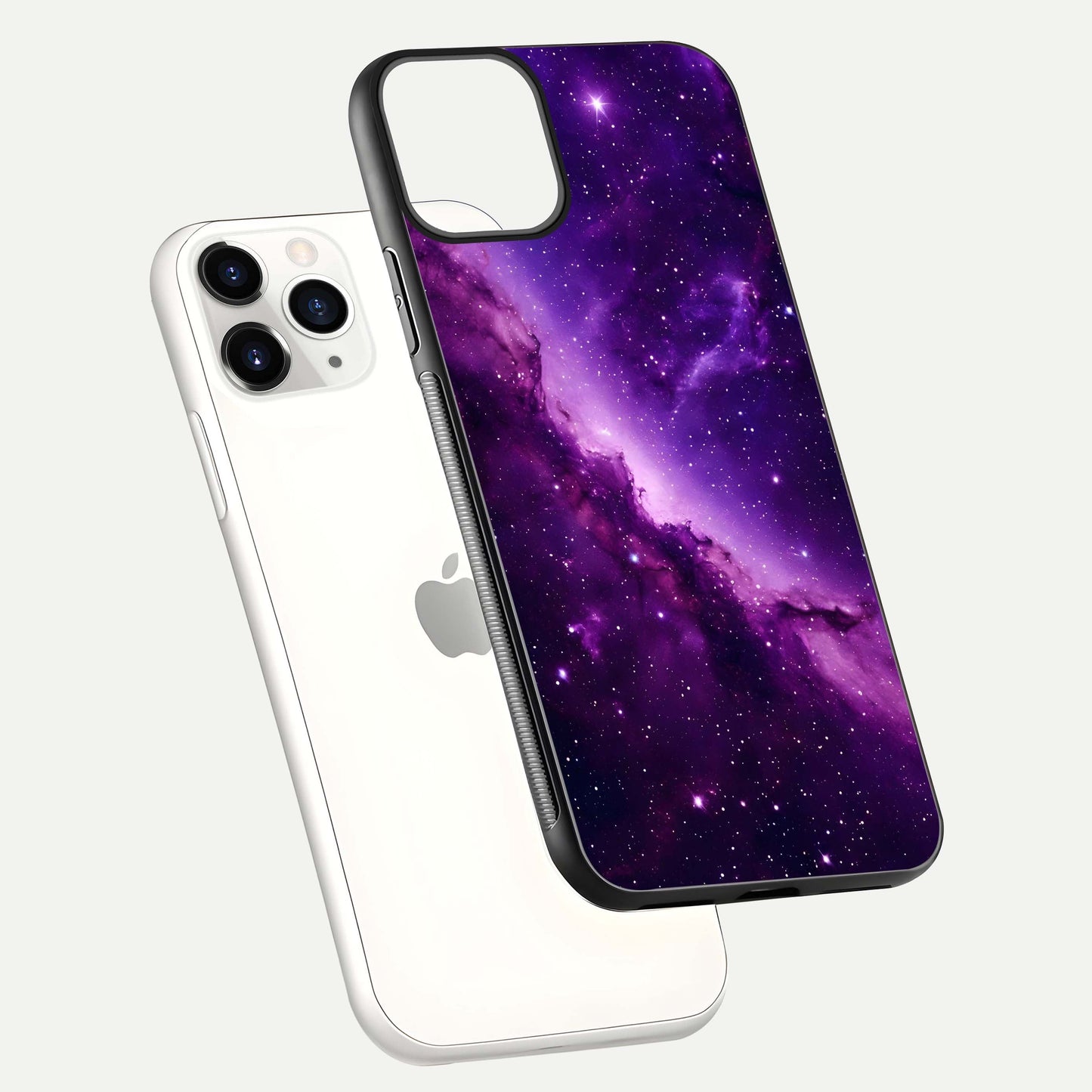 Purple Shade Sky Glass Case for iPhone 11 Pro floating dual-view mockup displaying gloss and sky theme