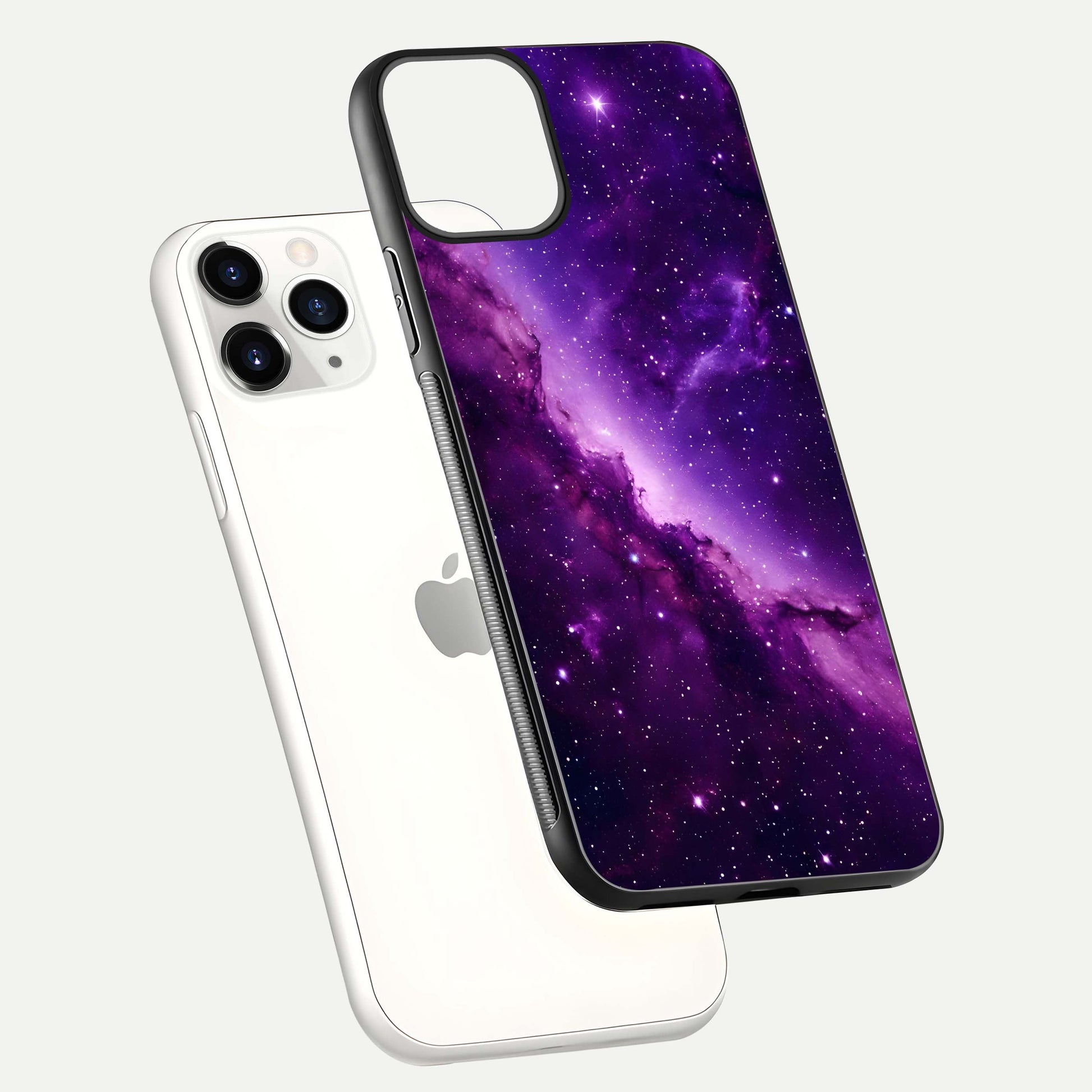 Purple Shade Sky Glass Case for iPhone 11 Pro floating dual-view mockup displaying gloss and sky theme