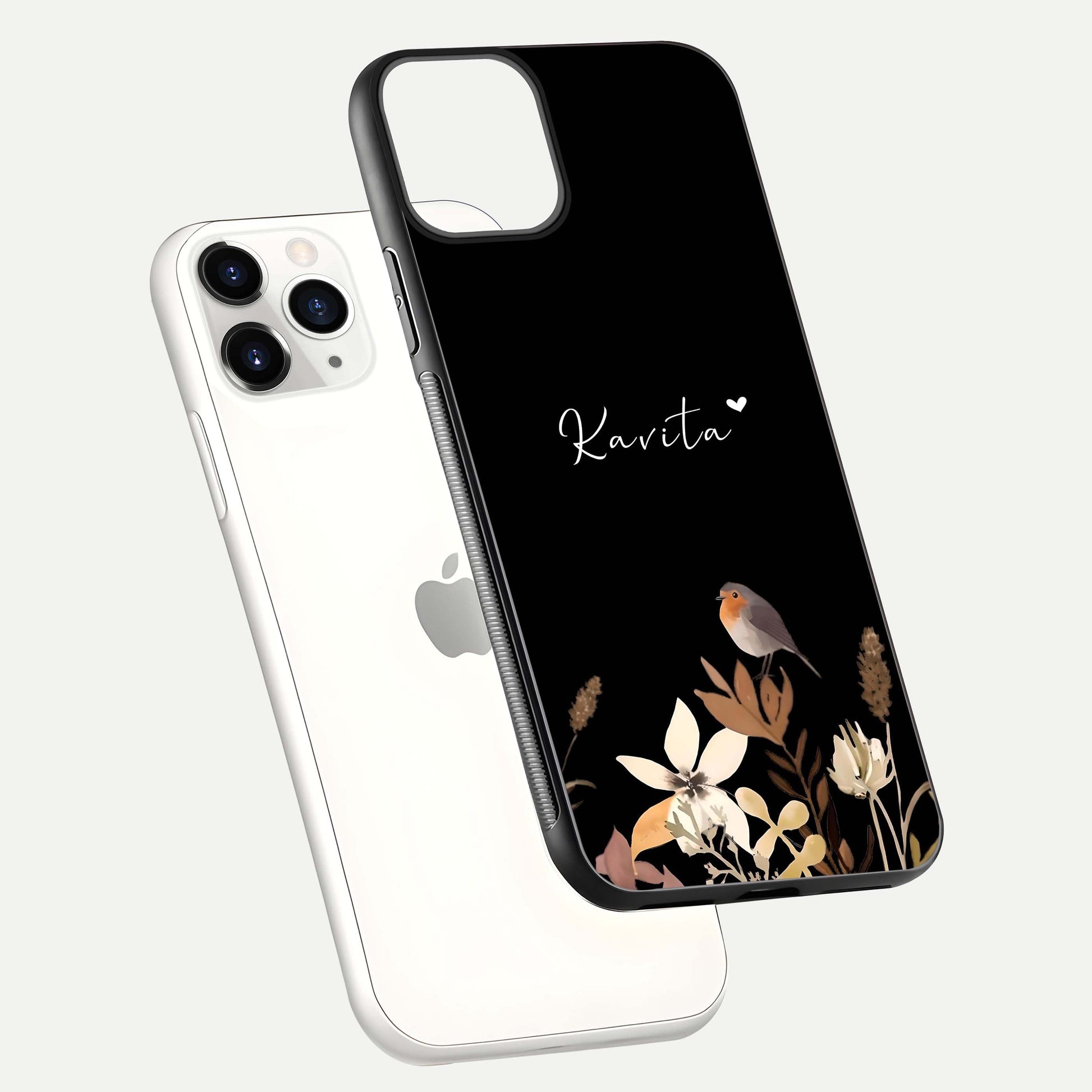 Quiet Garden Tune Custom Name Glass Case for iPhone 11 Pro floating dual-view mockup showing gloss and elegant detail