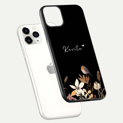Quiet Garden Tune Custom Name Glass Case for iPhone 11 Pro floating dual-view mockup showing gloss and elegant detail