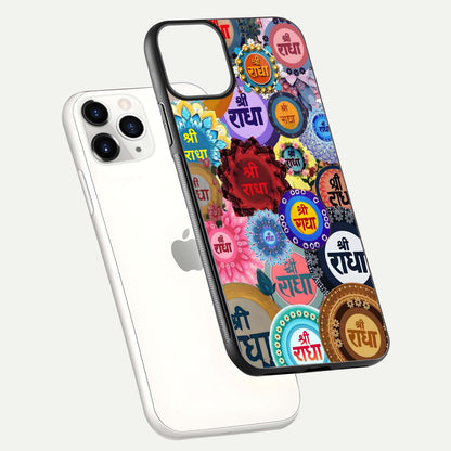 Radha Divine Bloom Glass Case for iPhone 11 Pro floating dual-view mockup showing gloss depth and HD art