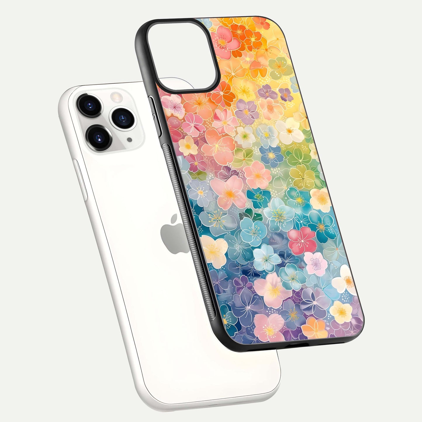 Rainbow Blossom Burst Glass Case for iPhone 11 Pro floating dual-view mockup displaying gloss and gradient pattern