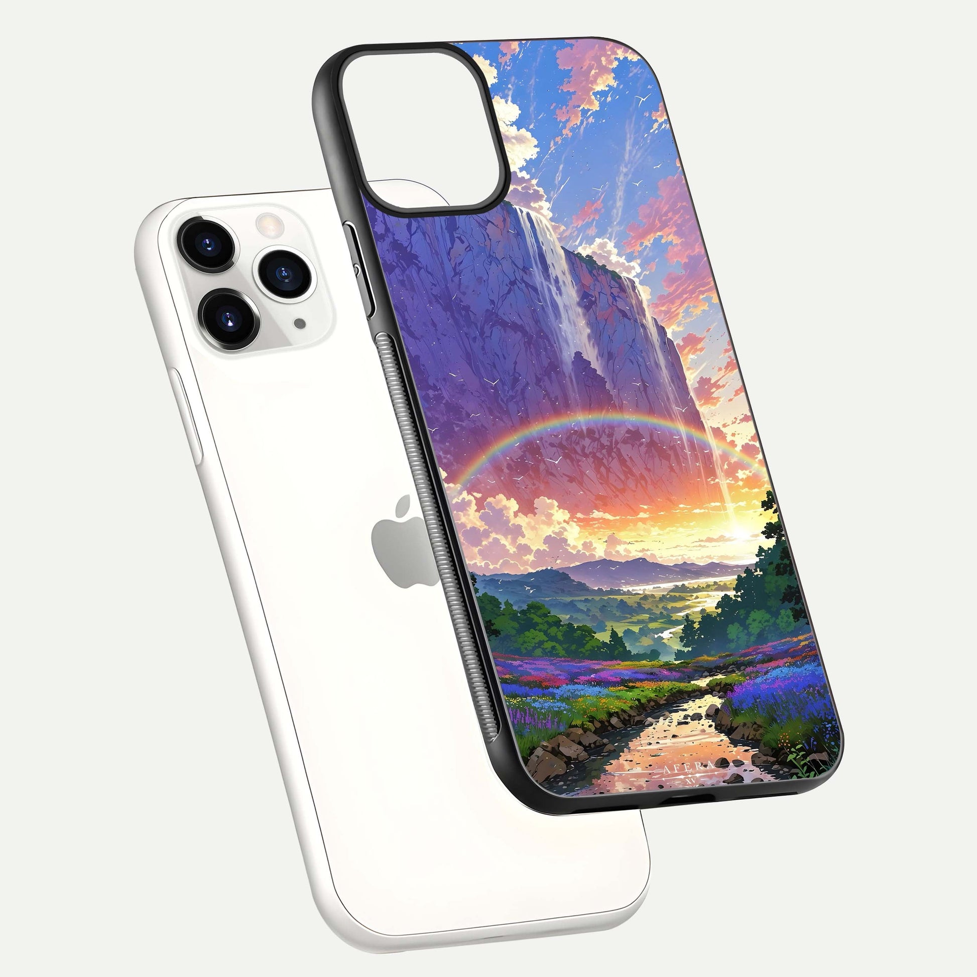 Rainbow Valley Dream Glass Case for iPhone 16 Pro floating dual-view mockup showing gloss texture and dream vibe