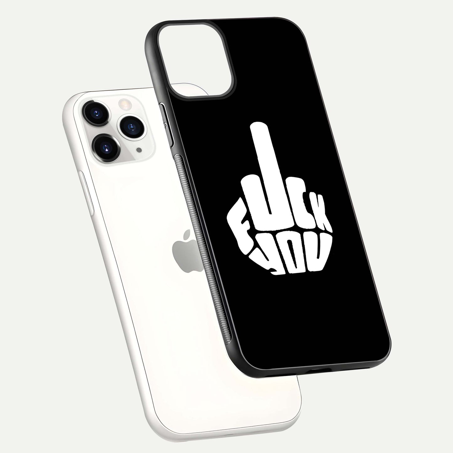 Rebel Mode On Glass Case for iPhone 11 Pro floating dual-view mockup displaying gloss shine and statement art