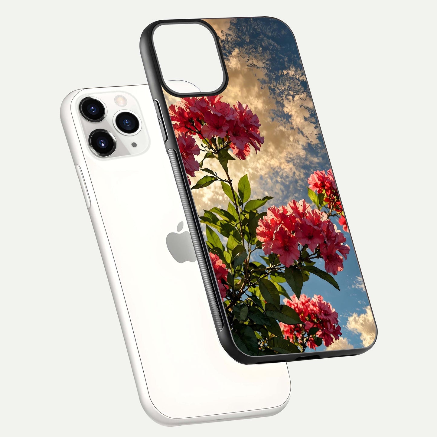 Red Bloom Skies Glass Case for iPhone 11 Pro floating dual-view mockup showing glass gloss and floral pattern
