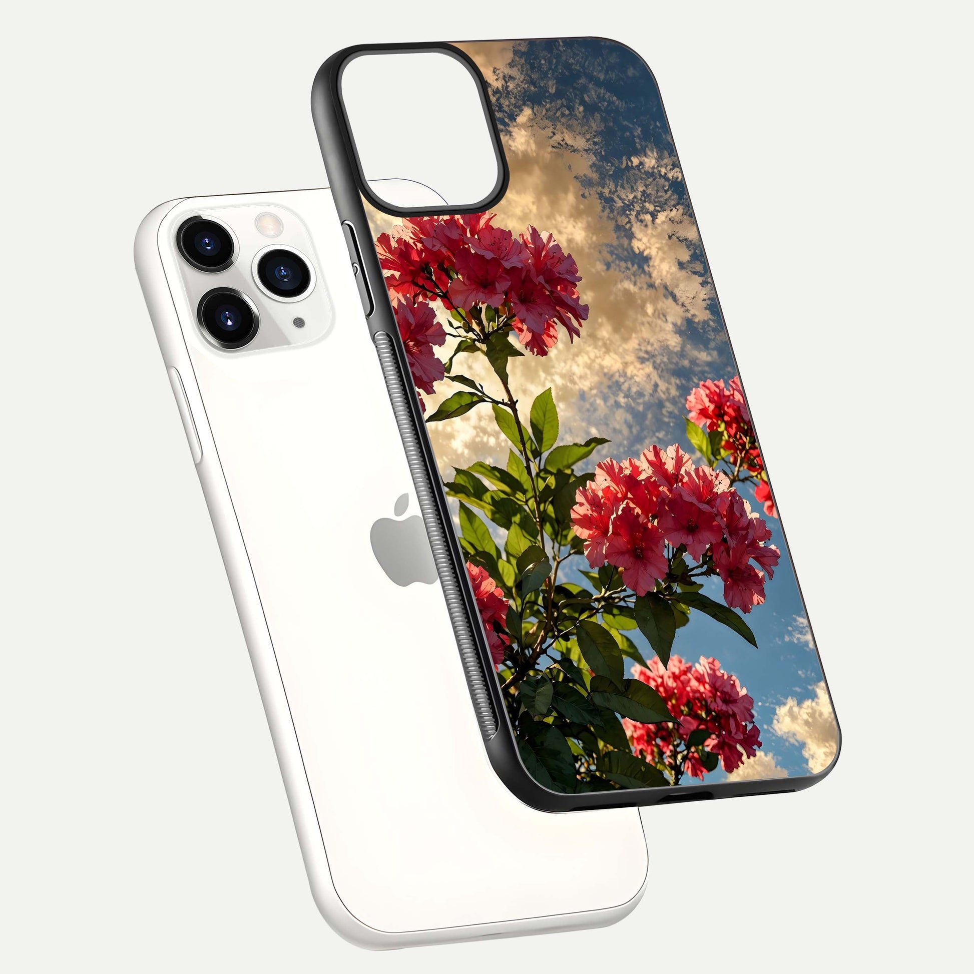 Red Bloom Skies Glass Case for iPhone 11 Pro floating dual-view mockup showing glass gloss and floral pattern