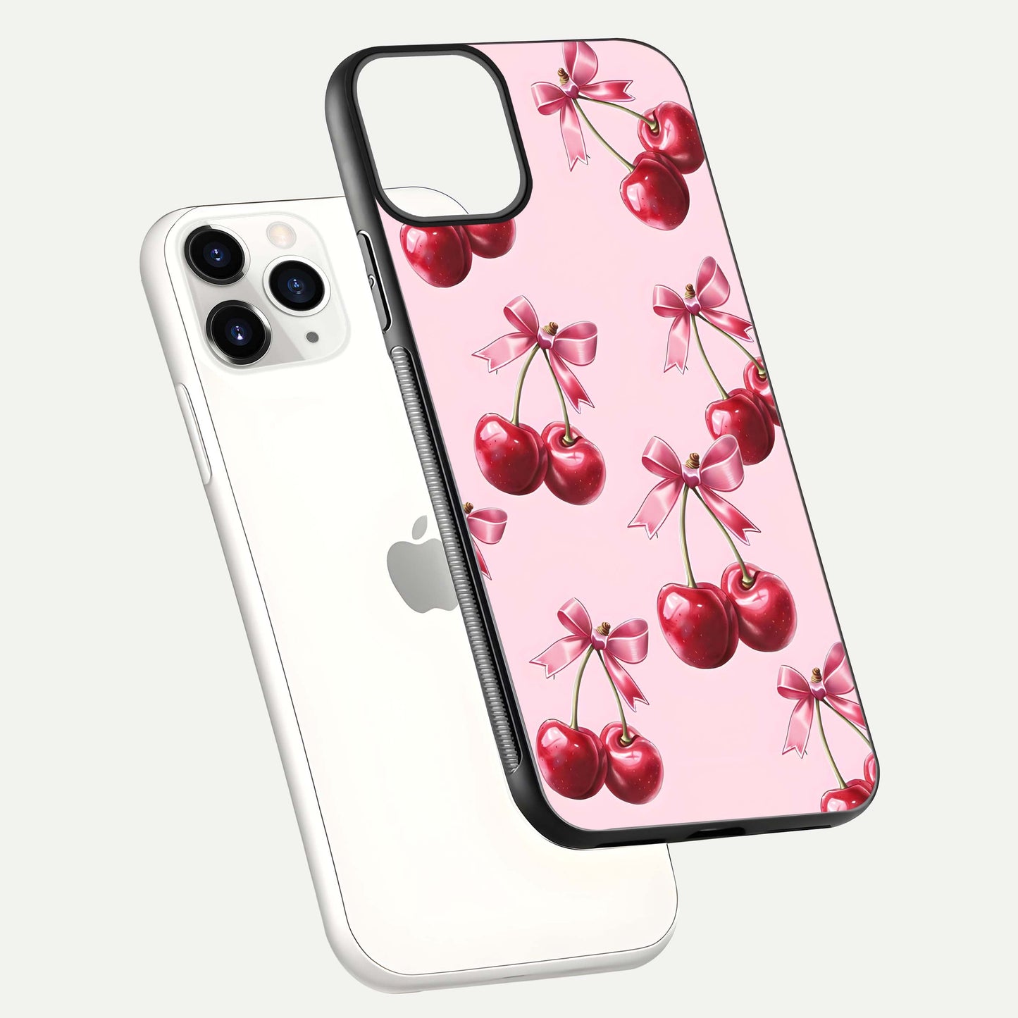 Red Cherries Pattern Glass Case for iPhone 11 Pro floating dual-view mockup showing gloss and color contrast