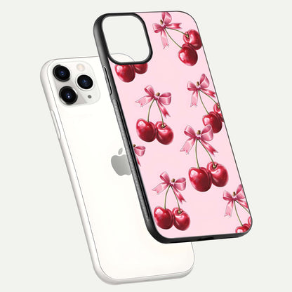 Red Cherries Pattern Glass Case for iPhone 11 Pro floating dual-view mockup showing gloss and color contrast