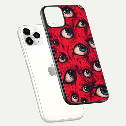 Red Eyes Pattern Glass Case for iPhone 11 Pro floating dual-view mockup displaying reflection and gloss texture