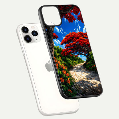 Red Trees Pathway Glass Case for iPhone 11 Pro floating dual-view mockup displaying gloss texture and print depth