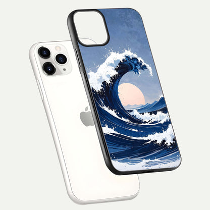 Rising Tide Power Glass Case for iPhone 11 Pro floating dual-view mockup displaying gloss texture and flow pattern