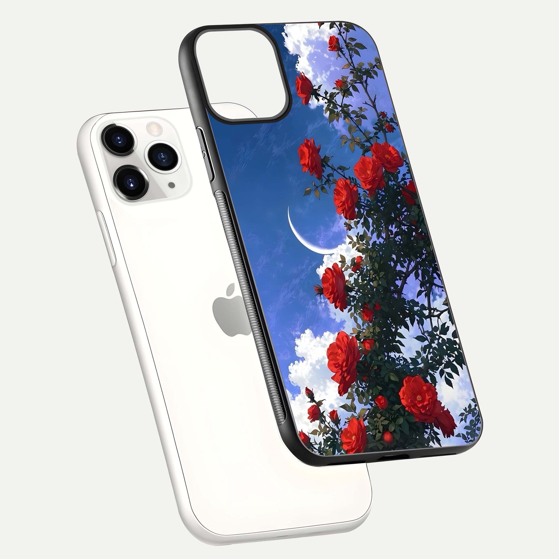 Rose Drift Flowers Glass Case for iPhone 11 Pro floating dual-view mockup showing gloss shine and floral tone