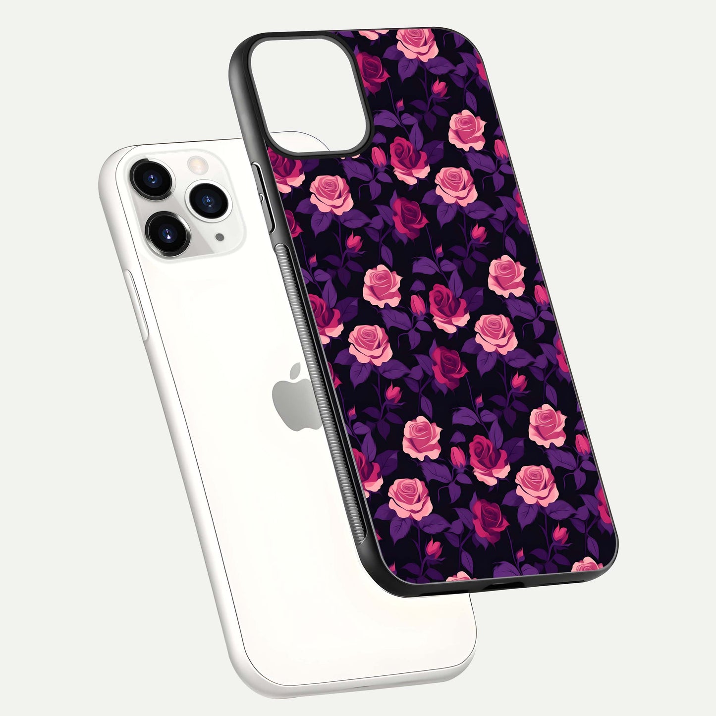 Rose Garden Twilight Glass Case for iPhone 11 Pro floating dual-view mockup displaying gloss surface and depth