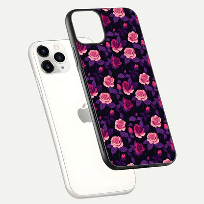 Rose Garden Twilight Glass Case for iPhone 11 Pro floating dual-view mockup displaying gloss surface and depth