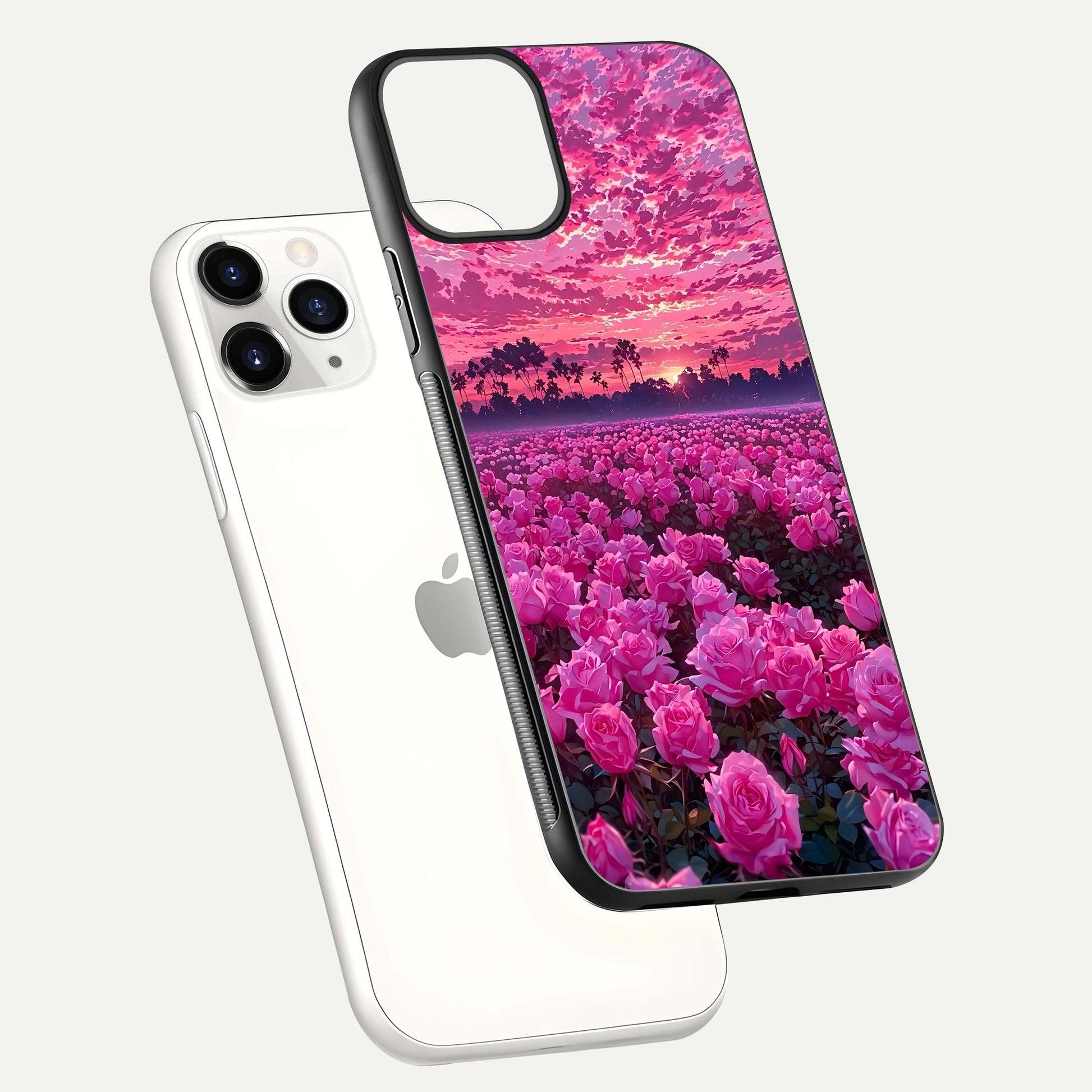 Rose Sunset Valley Glass Case for iPhone 11 Pro floating dual-view mockup showing gloss reflection and art depth