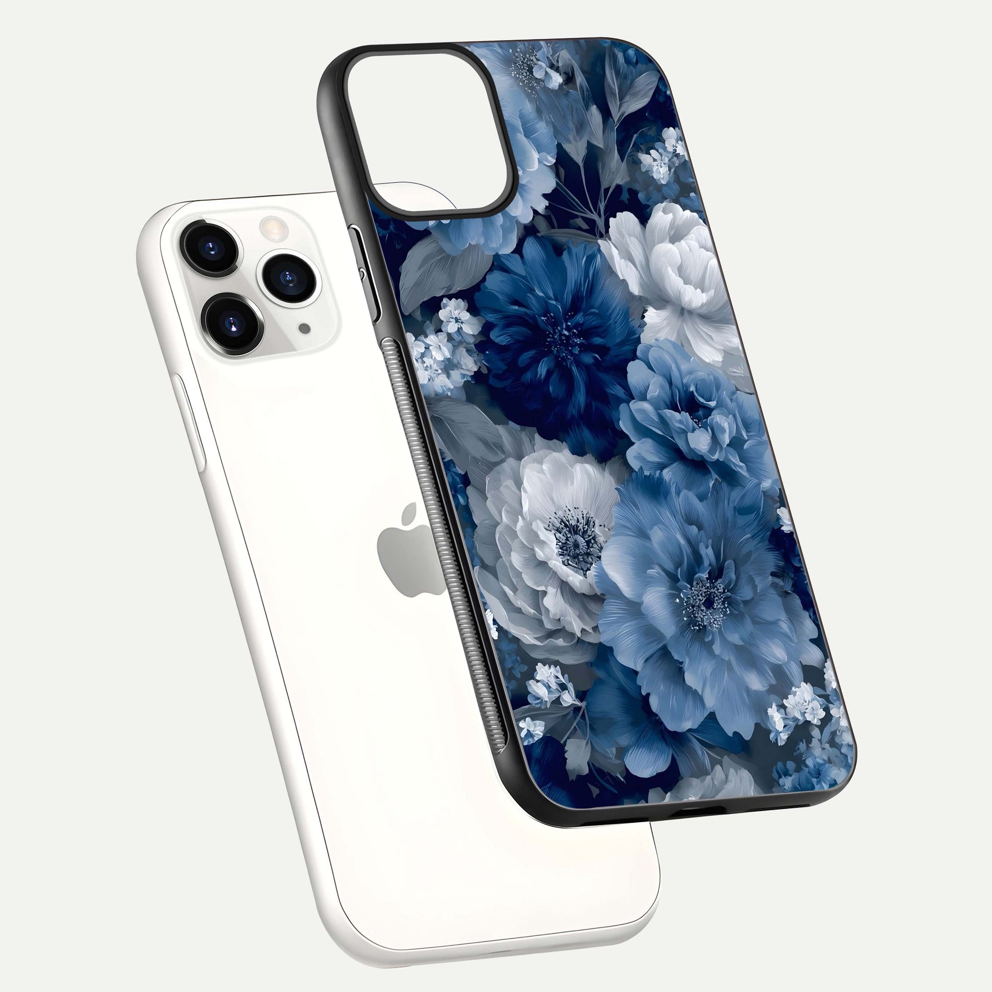 Royal Bloom Garden Glass Case for iPhone 11 Pro floating dual-view mockup displaying gloss and print clarity