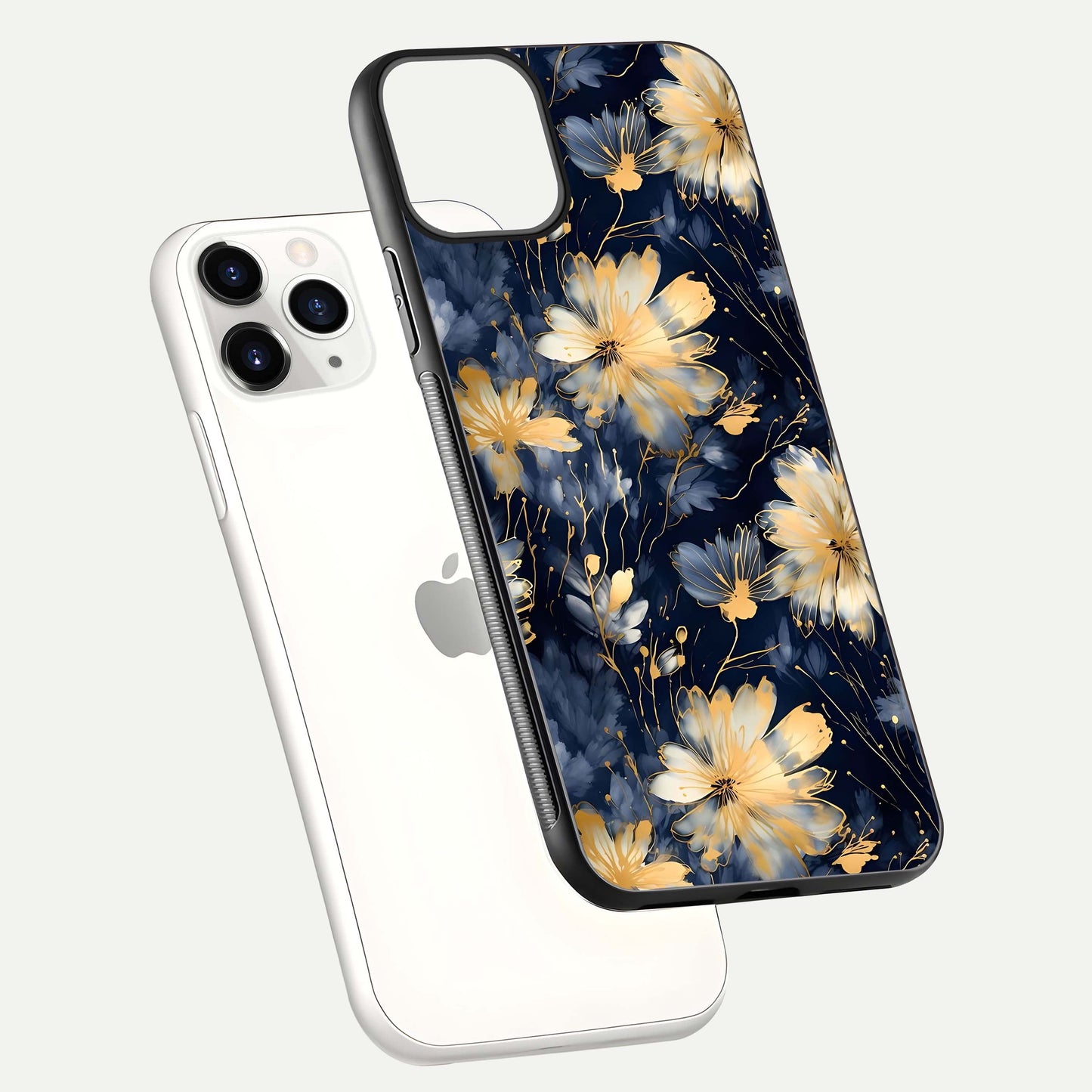Royal Petal Dream Glass Case for iPhone 11 Pro floating dual-view mockup displaying gloss reflection and tone contrast