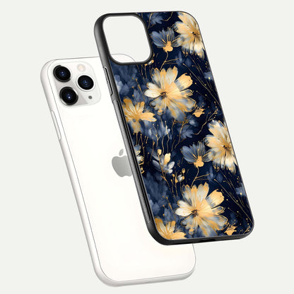 Royal Petal Dream Glass Case for iPhone 11 Pro floating dual-view mockup displaying gloss reflection and tone contrast