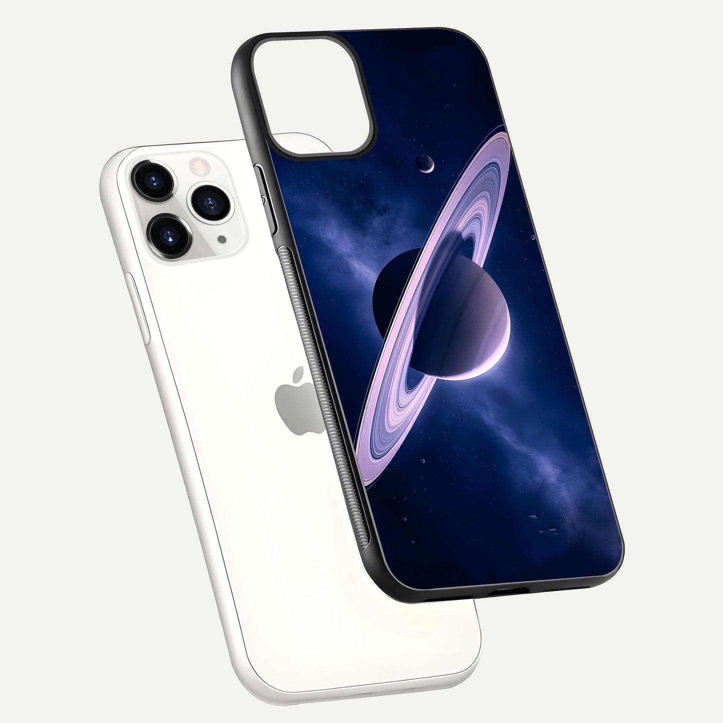 Saturn Ring Mystique Glass Case for iPhone 11 Pro floating dual-view mockup showing gloss finish and star detail