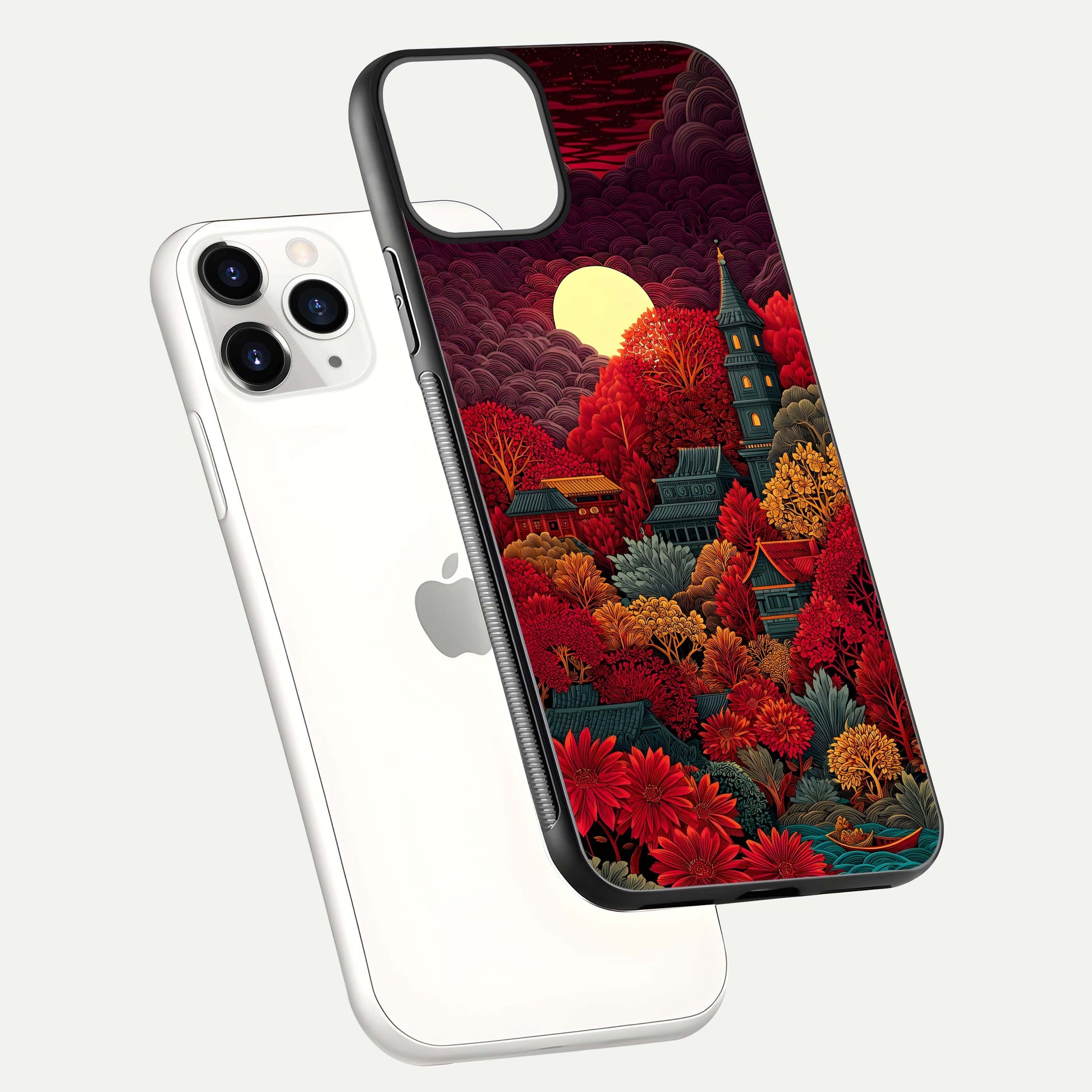 Scarlet Autumn Temple Glass Case for iPhone 11 Pro floating dual-view mockup displaying gloss shine and autumn tones
