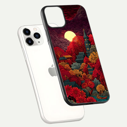 Scarlet Autumn Temple Glass Case for iPhone 11 Pro floating dual-view mockup displaying gloss shine and autumn tones