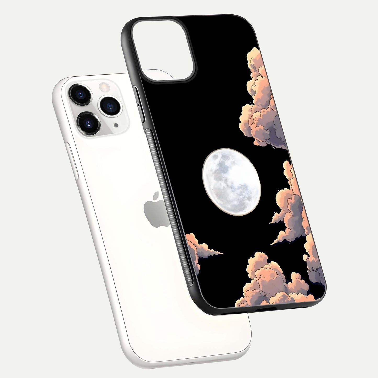 Shade Cloud Moon Glass Case for iPhone 11 Pro floating dual-view mockup showing gloss and celestial texture