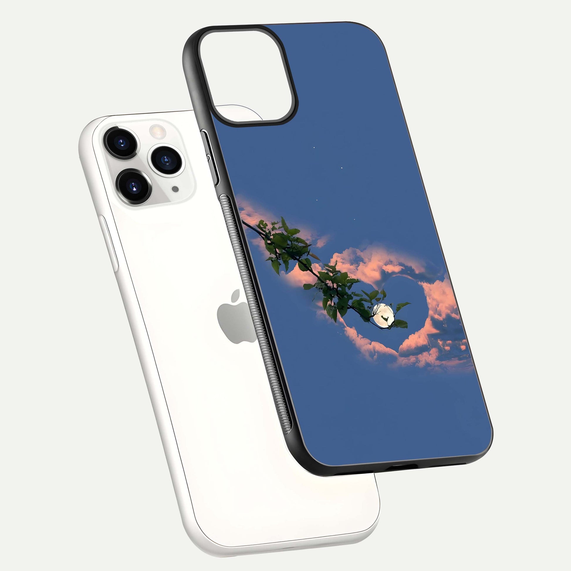 Sky Under Tree Glass Case for iPhone 11 Pro floating dual-view mockup displaying gloss reflection and landscape tone