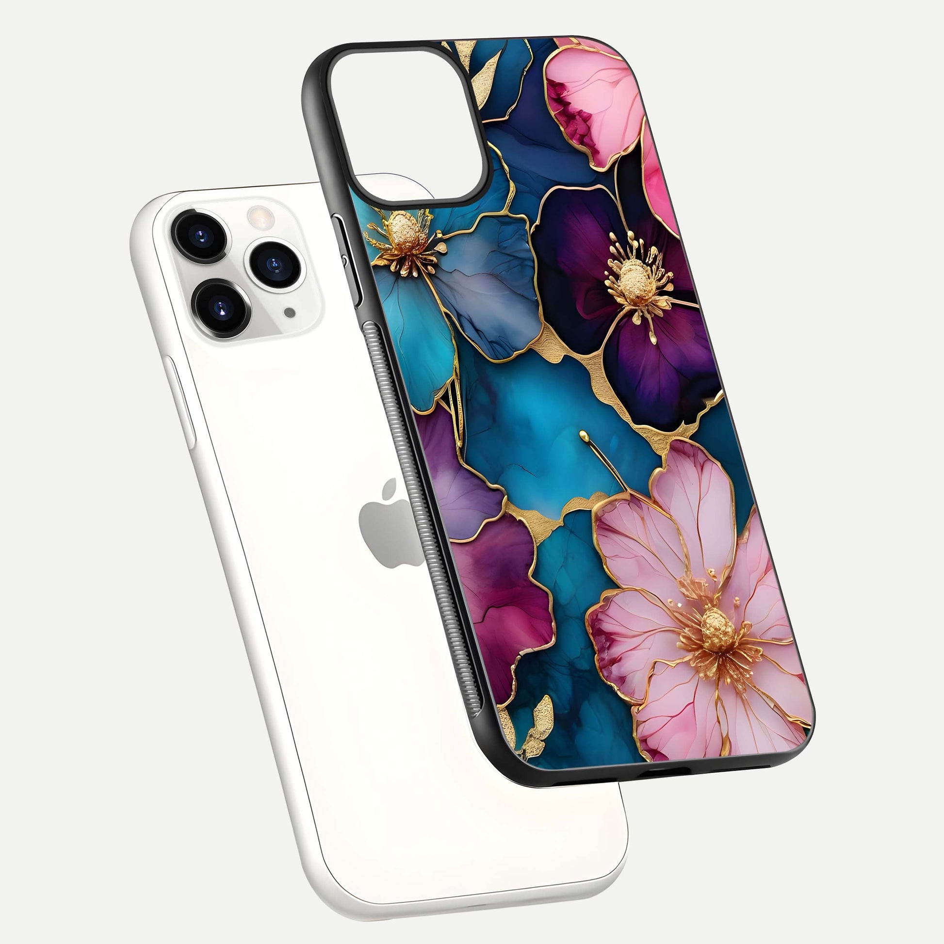 Sparkle Floral Glass Case for iPhone 11 Pro floating dual-view mockup displaying gloss surface and sparkle effect