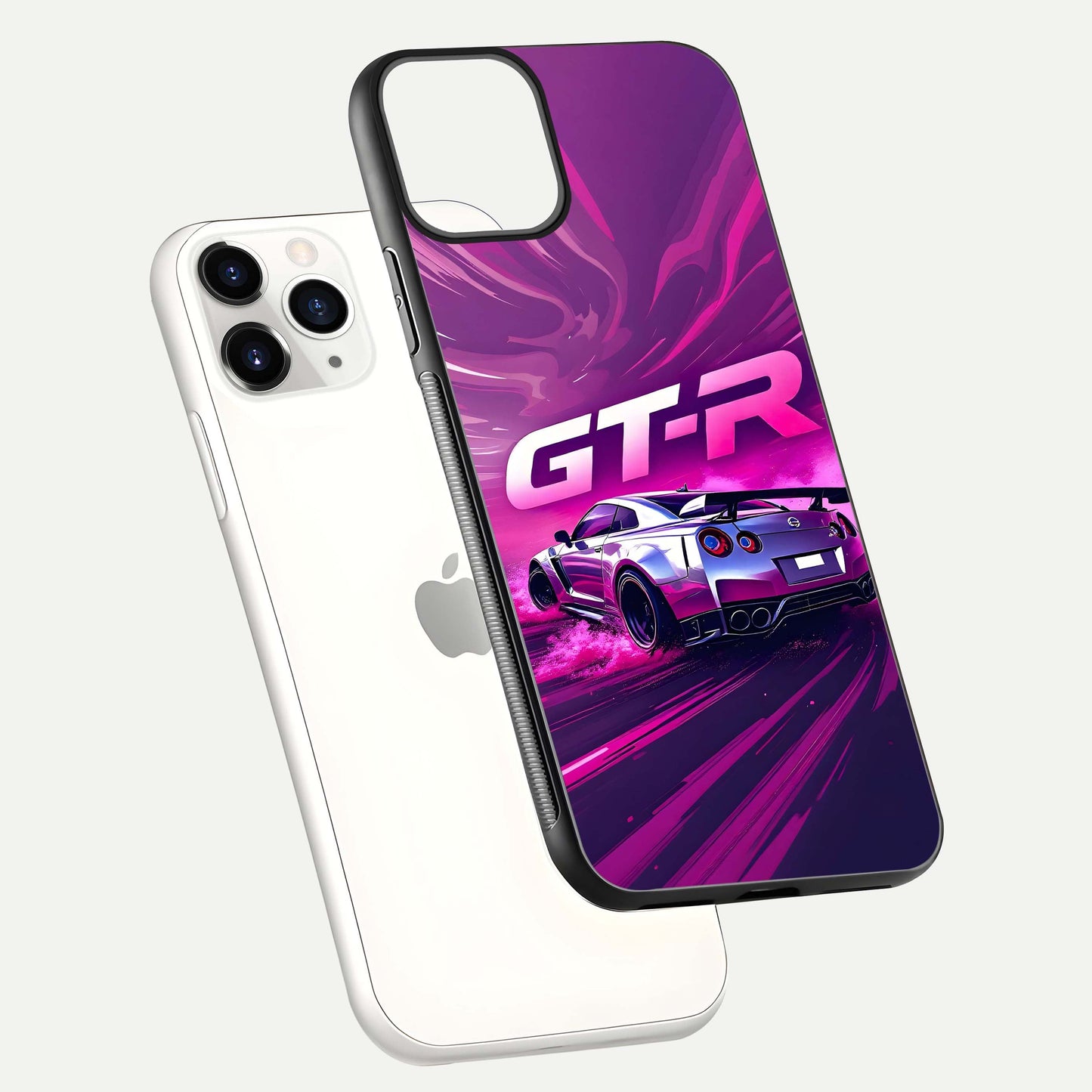 Speed Drift Legend Glass Case for iPhone 11 Pro floating dual-view mockup displaying gloss shine and motion effect