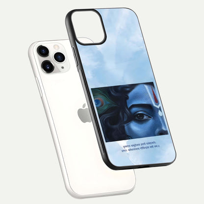 Spiritual Krishna Glass Case for iPhone 16 Pro floating dual-view mockup displaying gloss shine and divine detail