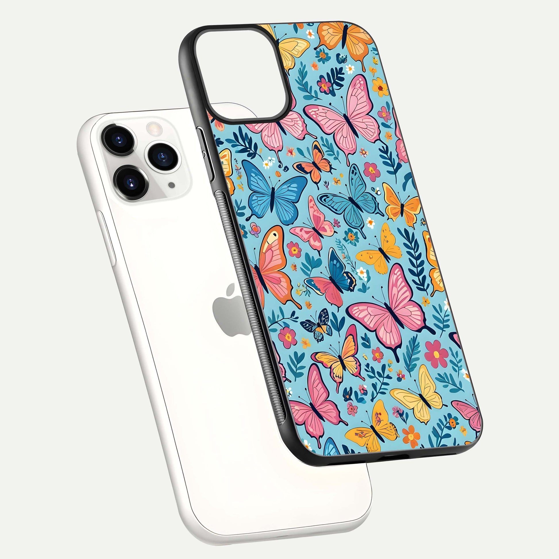 Spring Wing Garden Glass Case for iPhone 11 Pro floating dual-view mockup showing gloss texture and vivid print