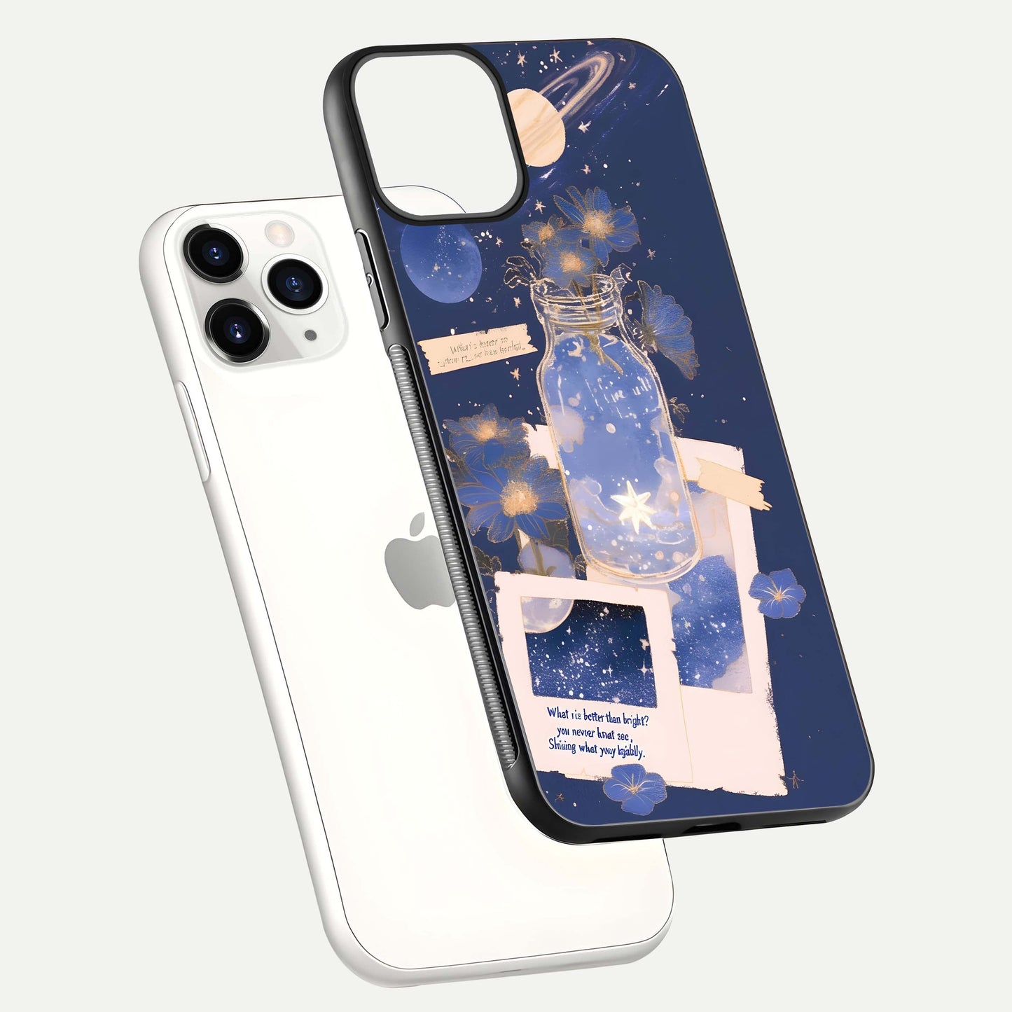 Starlit Cosmic Jar Glass Case for iPhone 11 Pro floating dual-view mockup displaying gloss and starry depth
