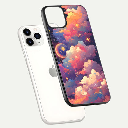 Starlit Dream Clouds Glass Case for iPhone 11 Pro floating dual-view mockup displaying gloss and soft light detail