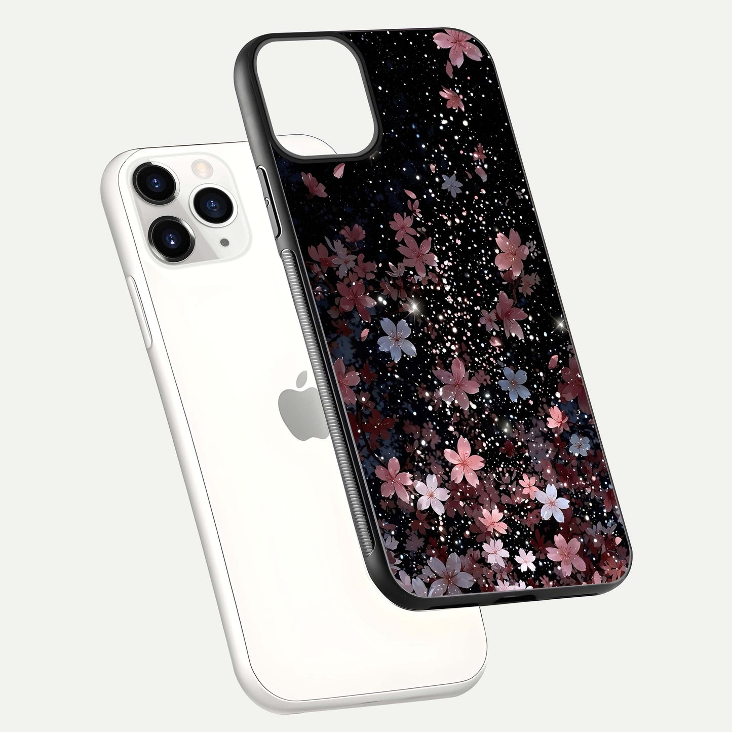 Starlit Flower Dreams Glass Case for iPhone 11 Pro floating dual-view mockup displaying gloss and print clarity