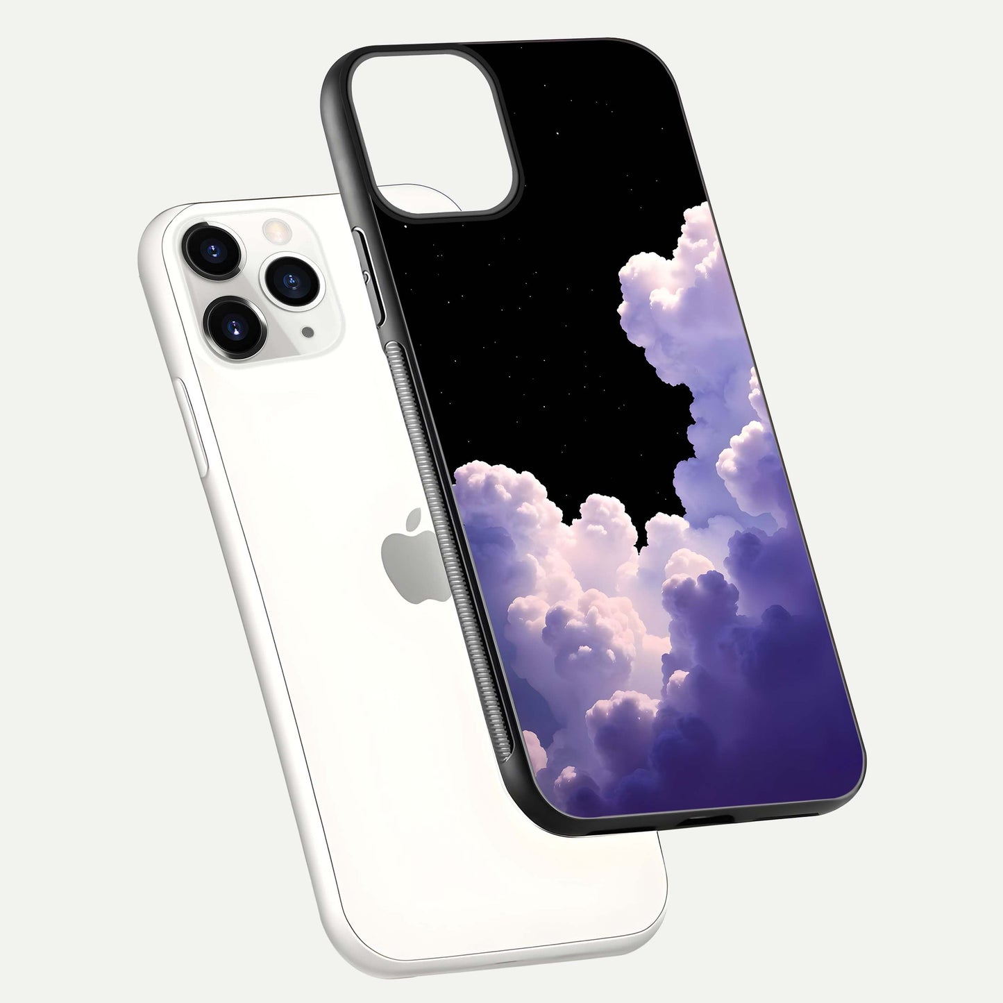 Starlit Night Whispers Glass Case for iPhone 11 Pro floating dual-view mockup displaying gloss surface and depth