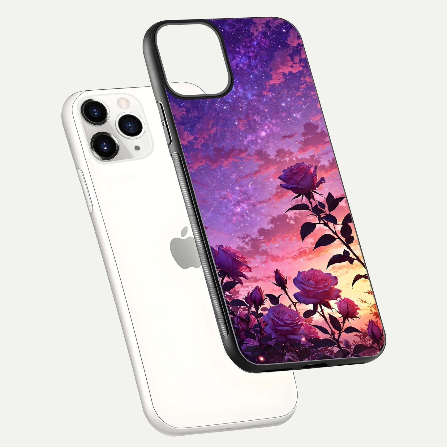 Starlit Rose Twilight Glass Case for iPhone 11 Pro floating dual-view mockup displaying gloss shine and depth