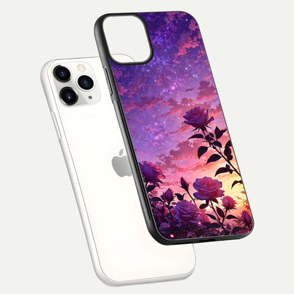 Starlit Rose Twilight Glass Case for iPhone 11 Pro floating dual-view mockup displaying gloss shine and depth