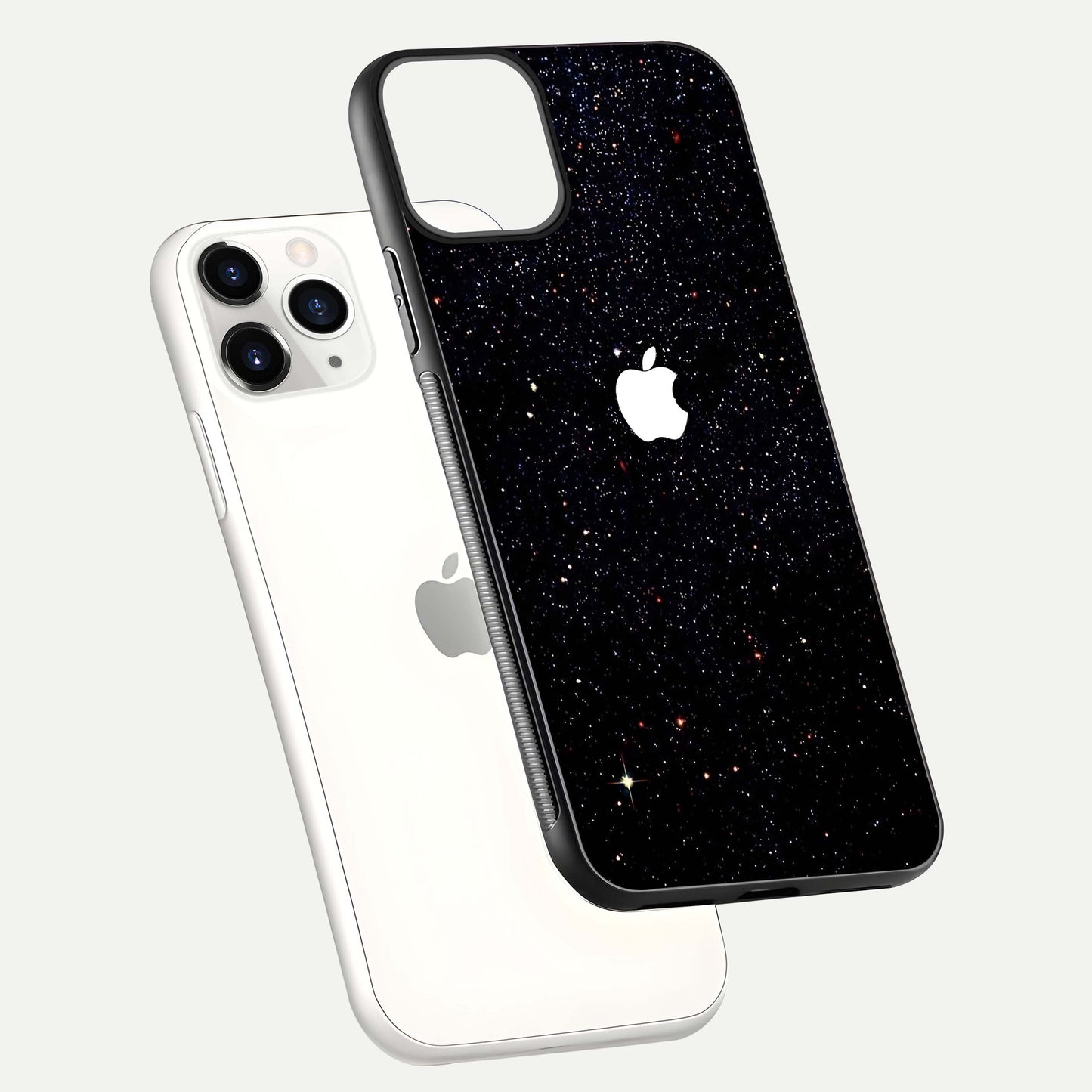 Starry Apple Galaxy Glass Case for iPhone 11 Pro floating dual-view mockup displaying reflection and shine