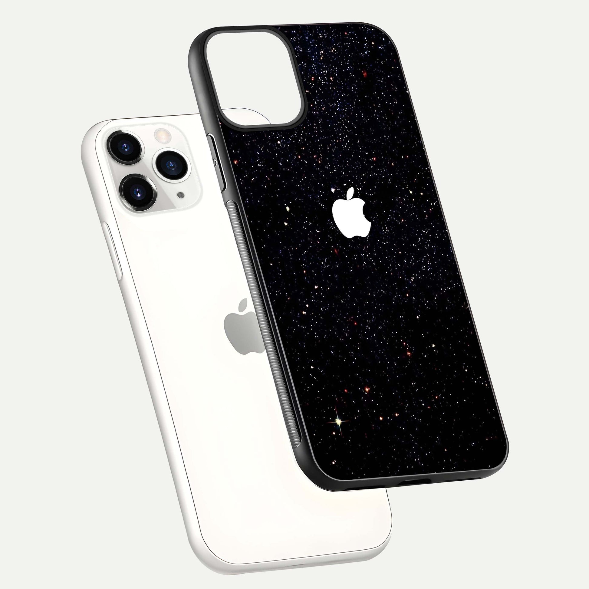 Starry Apple Galaxy Glass Case for iPhone 11 Pro floating dual-view mockup displaying reflection and shine