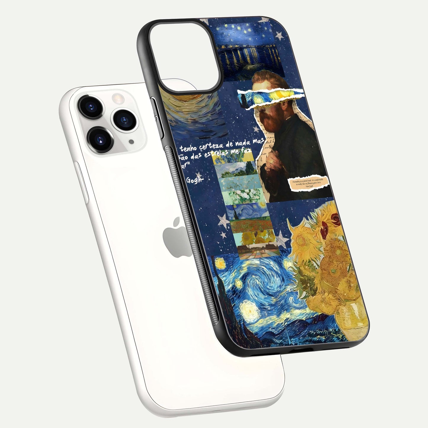 Starry Dream Vision Glass Case for iPhone 11 Pro floating dual-view mockup displaying gloss surface and clarity