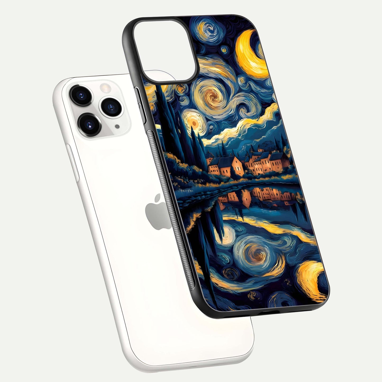 Starry Sky Serenity Glass Case for iPhone 11 Pro floating dual-view mockup displaying gloss texture and shine