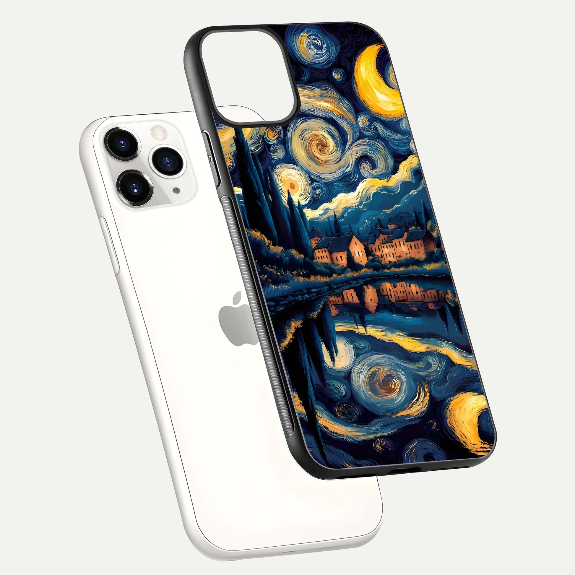 Starry Sky Serenity Glass Case for iPhone 11 Pro floating dual-view mockup displaying gloss texture and shine