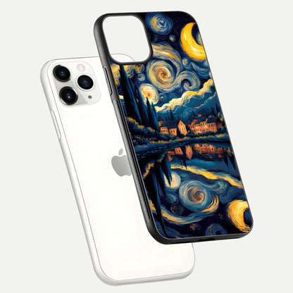 Starry Sky Serenity Glass Case for iPhone 11 Pro floating dual-view mockup displaying gloss texture and shine