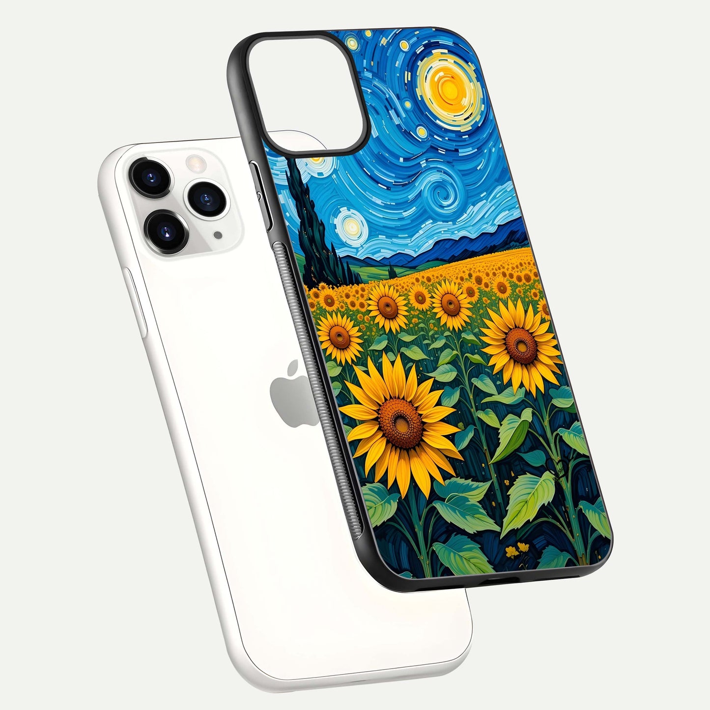 Starry Sunflower Dreams Glass Case for iPhone 11 Pro floating dual-view mockup displaying gloss and vivid print